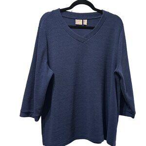 Chico’s size 3(XL) navy blue textured v neck 3/4 sleeve pullover boxy top